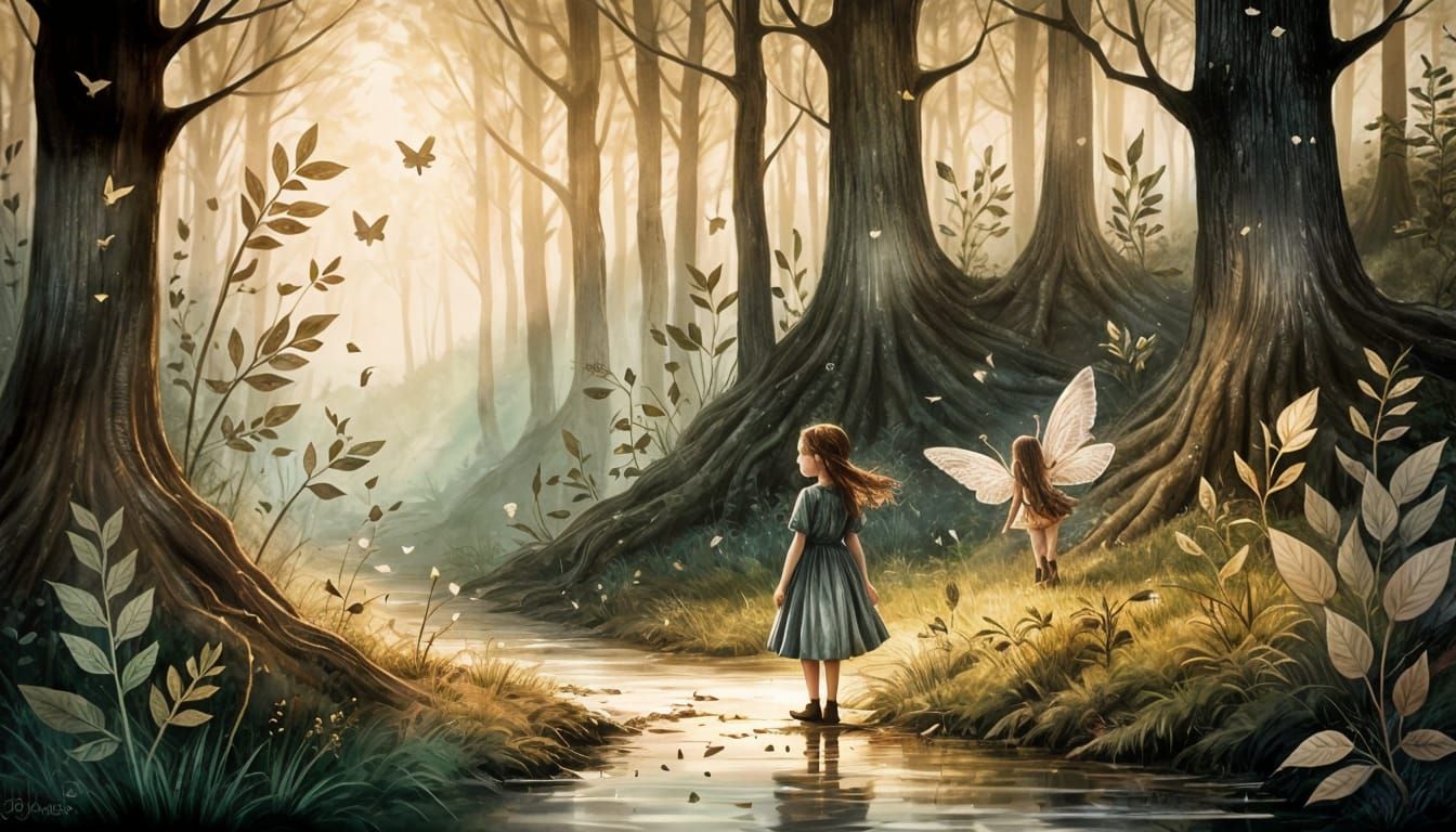 Girl Enters Mysterious Forest with Glowing Mushrooms