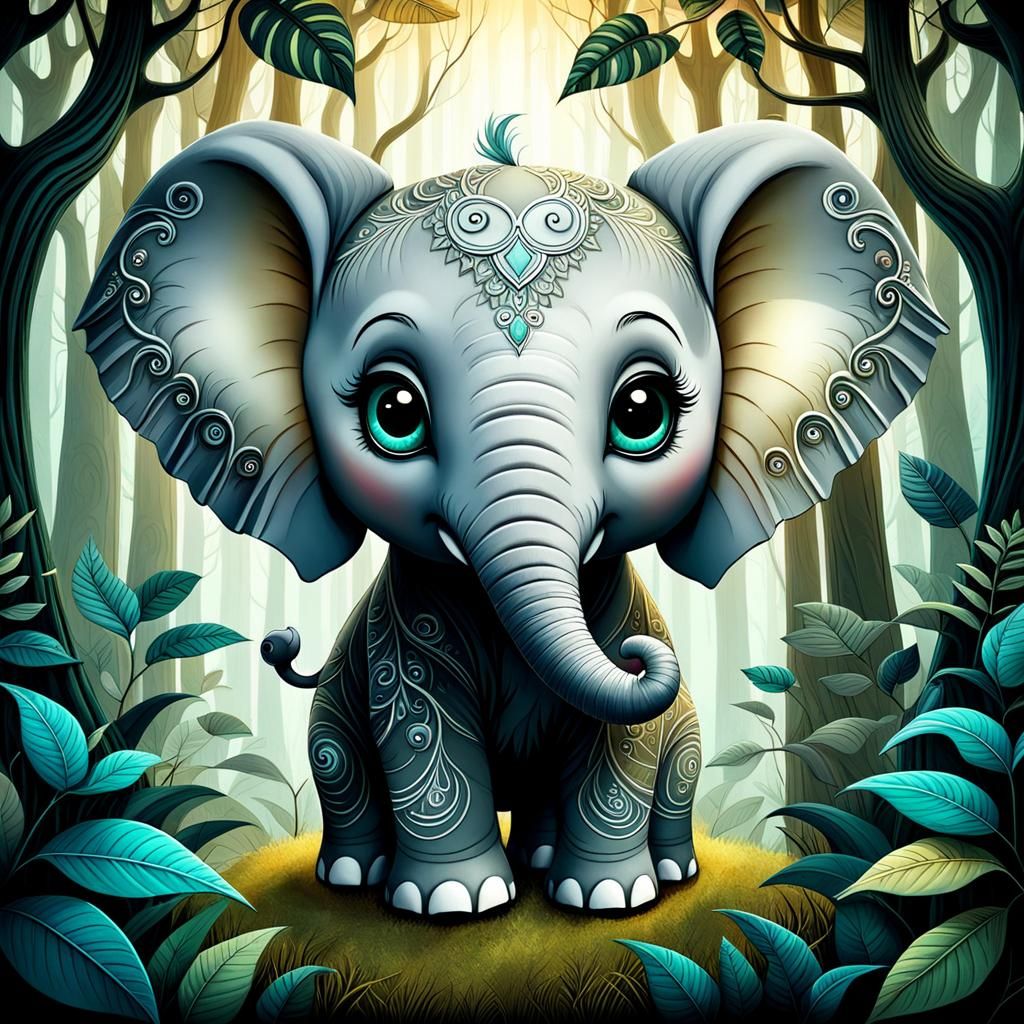 Chibi Elephant in Mystical Jungle, Art Deco Style