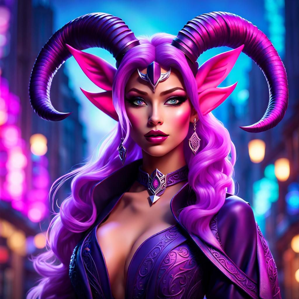 Opalescent Tiefling in Ethereal Fantasy Cityscape