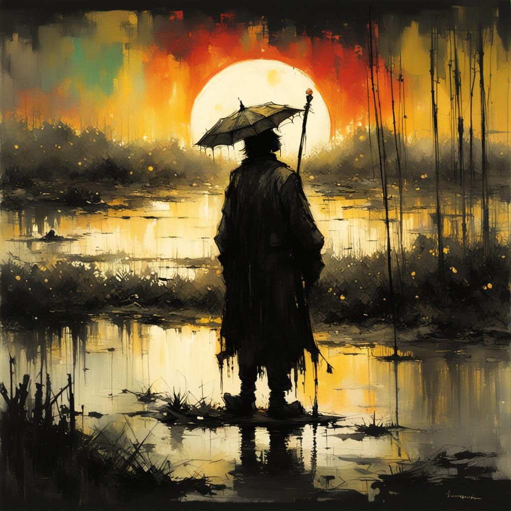 Colorful Jester in Swamp Sunset, Chinese Ink Style