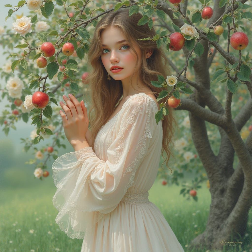 Enchanting Russian Beauty Embracing Blooming Apple Tree in D...
