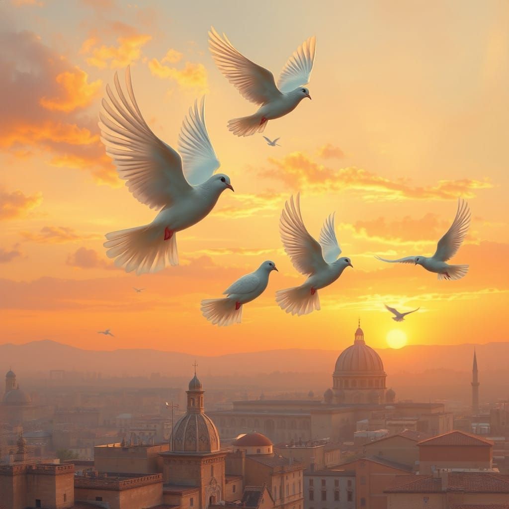 Pope Francis's Peaceful Doves Soar Above Damascus in Sunset