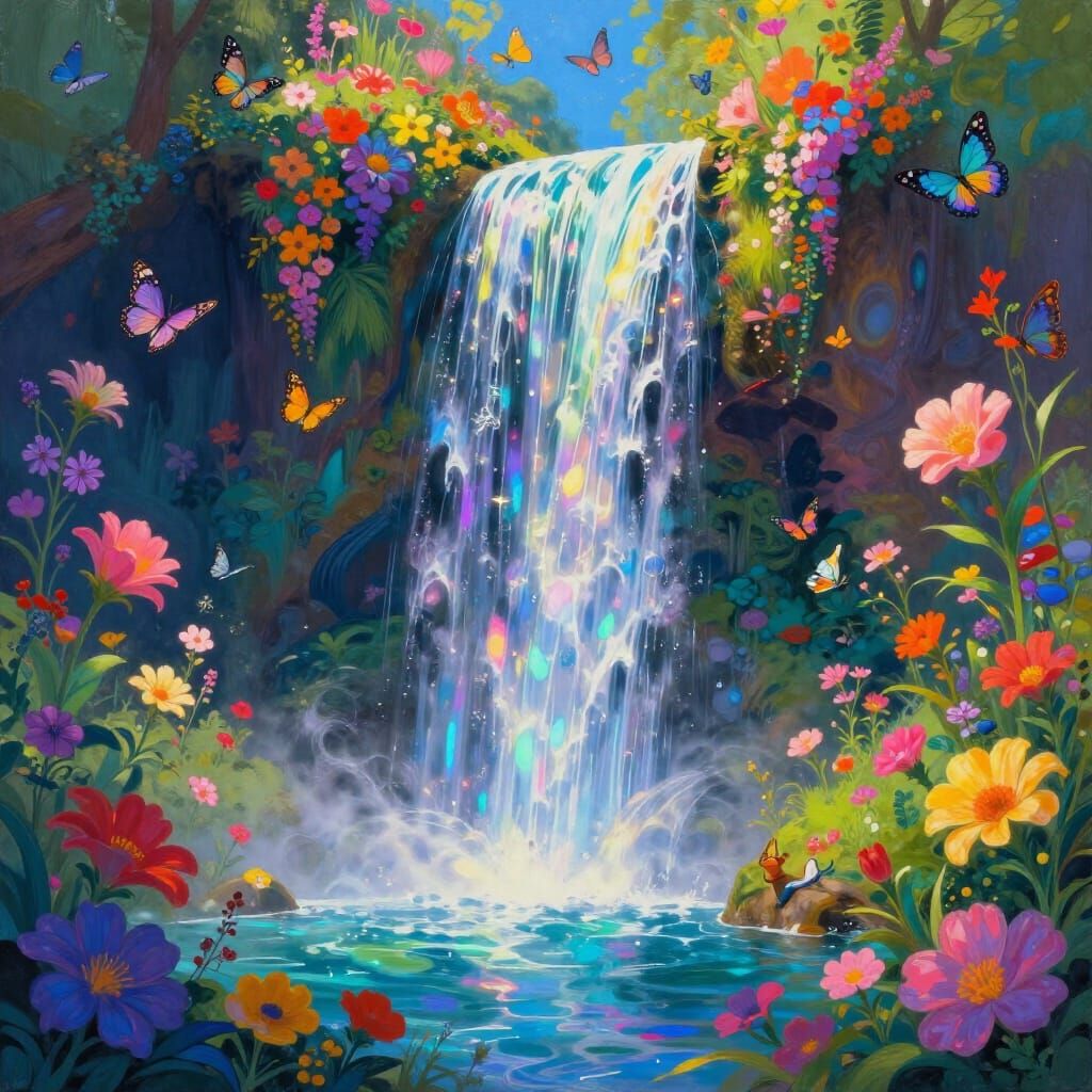Fantastical Waterfall Portal with Flowers and Butterflies