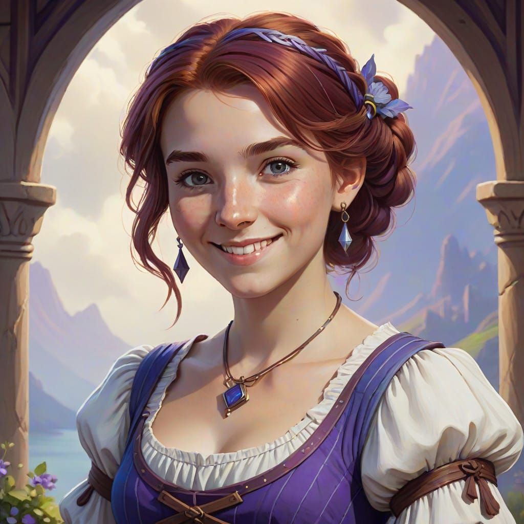 Cheerful Human Bard in Elegant Blue Purple Dress