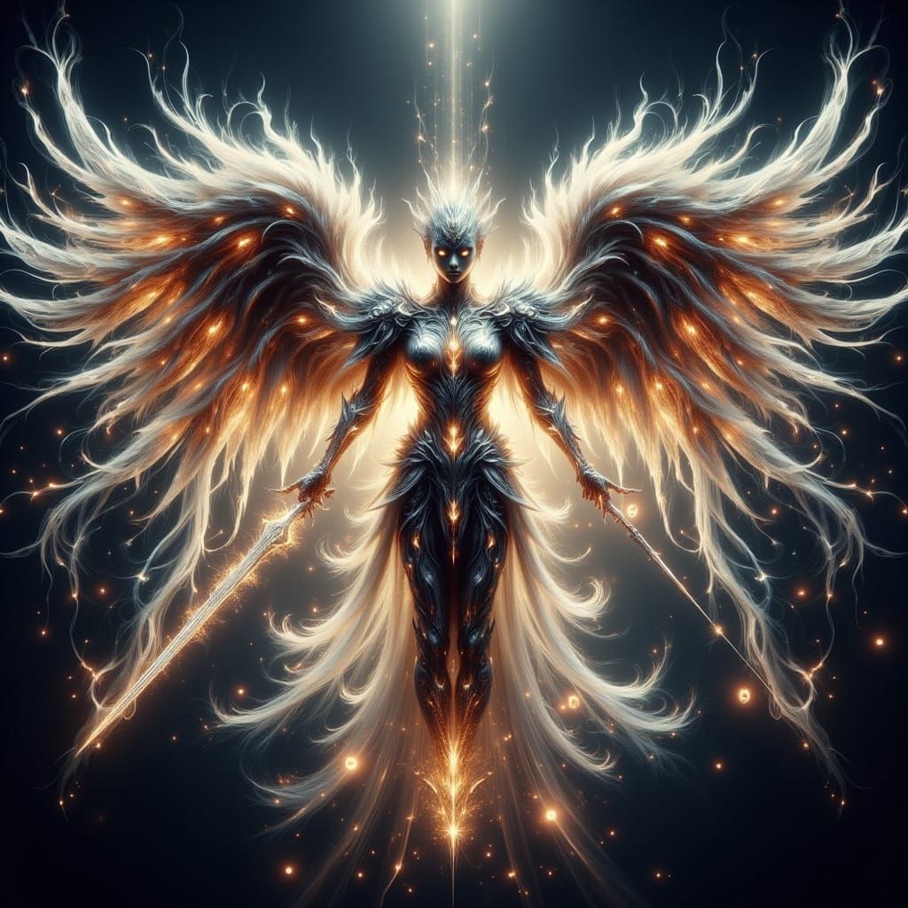 Ethereal Warrior Angel Descends with Glowing Runes and Fairy...