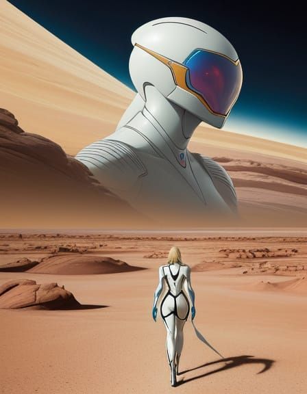 Alien Desert Landscape with Woman in White Bodysuit