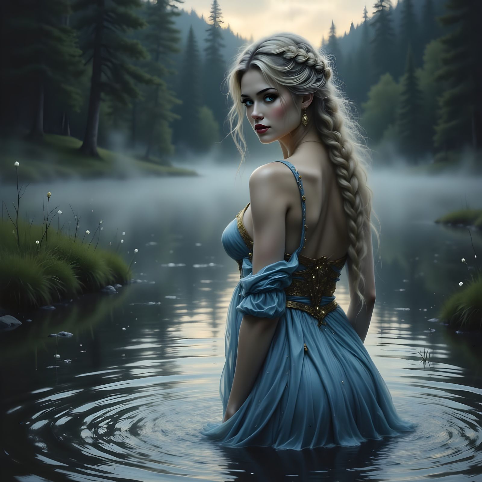 Norse Goddess in Misty Lake, Vintage Charcoal Sketch