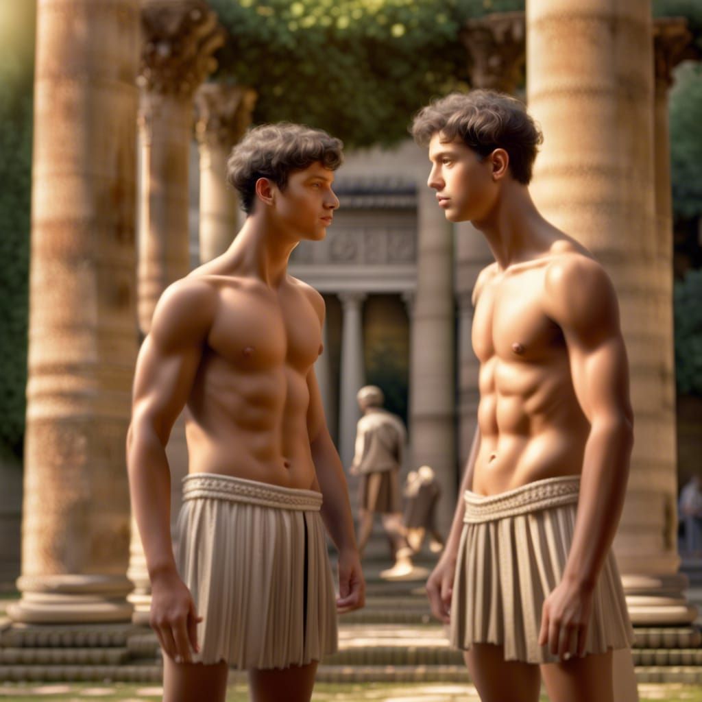 Roman Teens Toss Discus in Ancient Garden