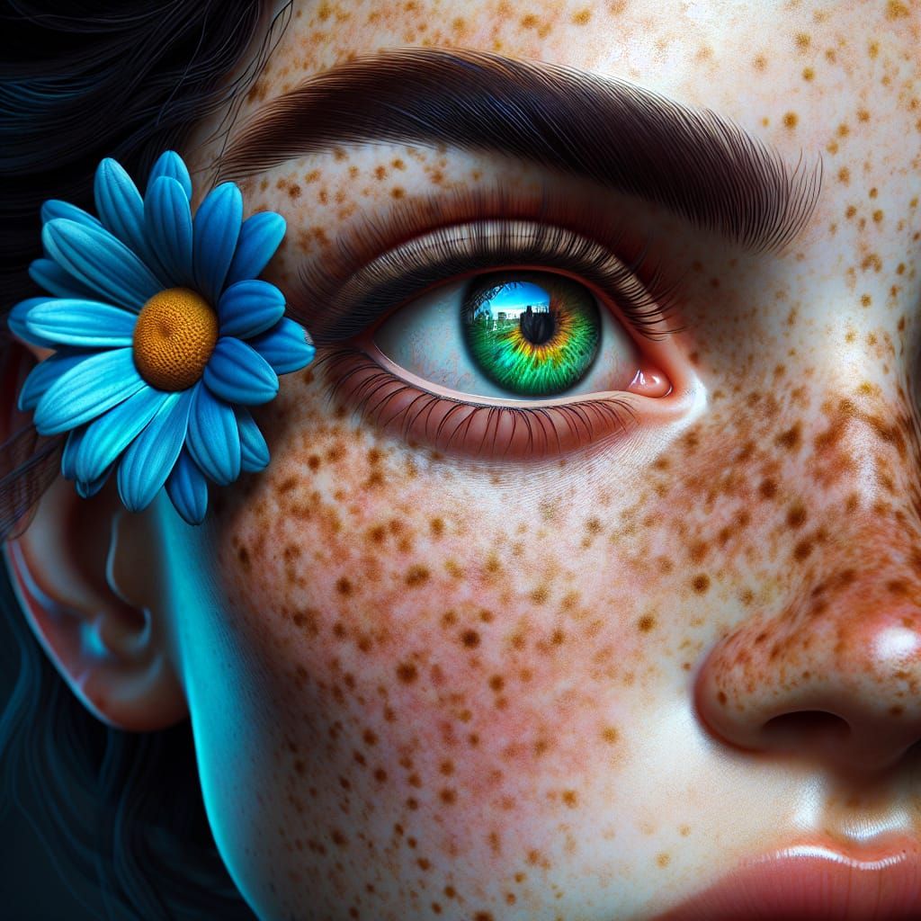 Hyperrealistic Portrait of Girl with Blue Daisy