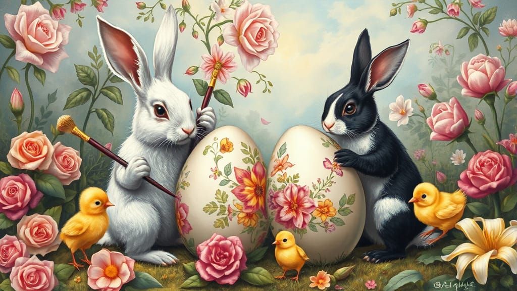 Rabbits and Chicks Painting Easter Eggs: Fairytale Scene