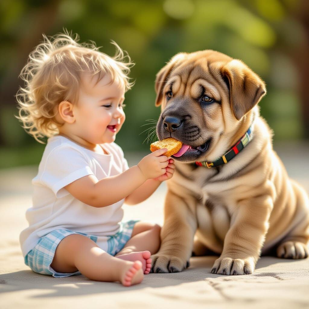 Toddler and Sharpei Puppy Sharing a Treat