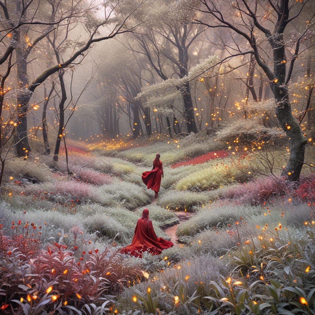 Vibrant Figure Walks Through a Twinkling Forest Glade