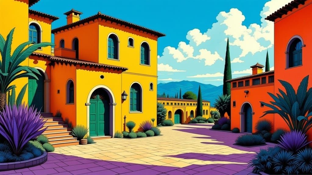 Impossible Mediterranean Views in Ligne Claire Style