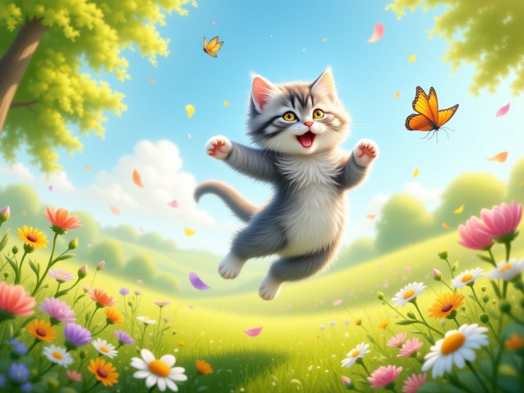 Whimsical Kitten Chases Butterfly in Vibrant Spring Meadow