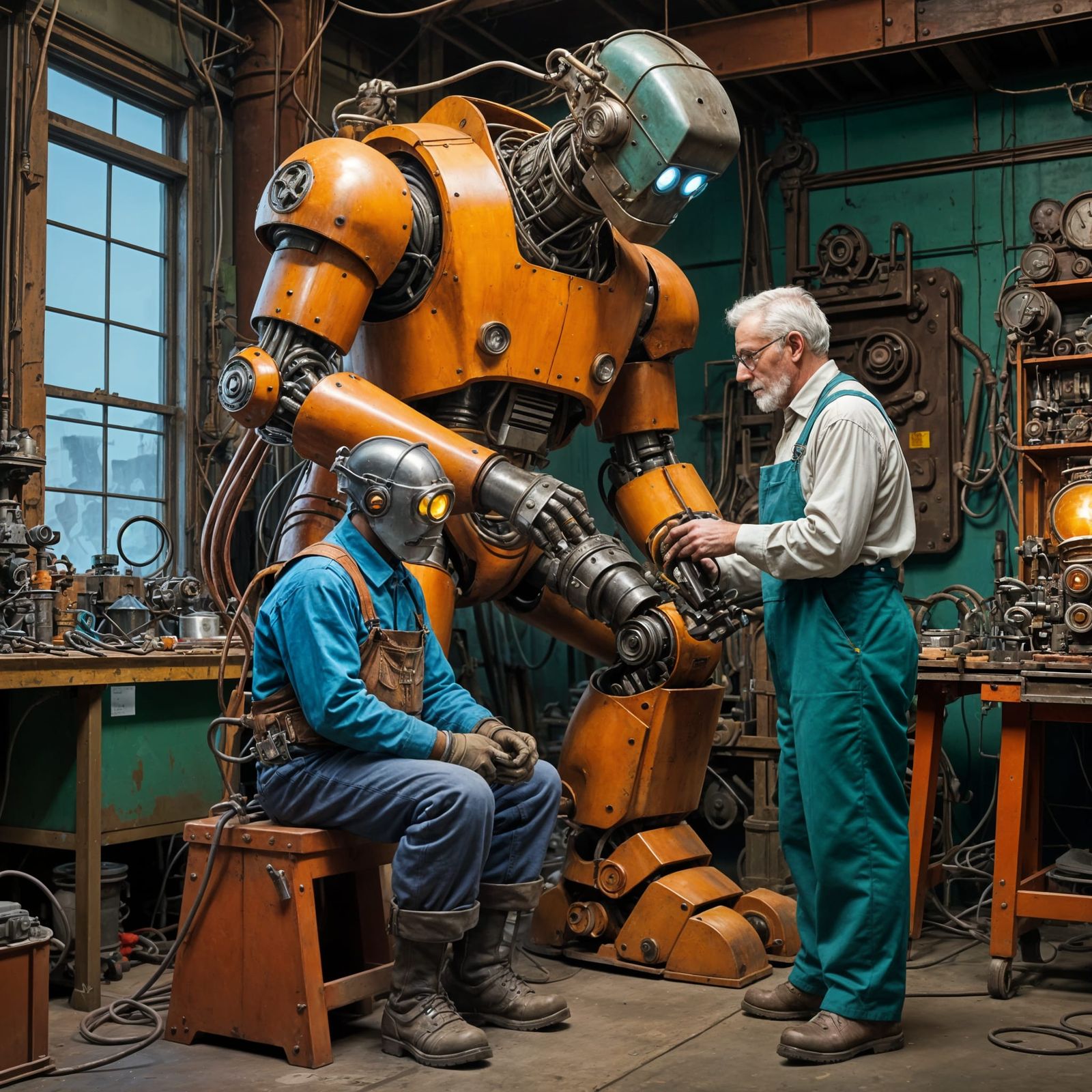 Steampunk Welder Technician Repairs Giant Robot