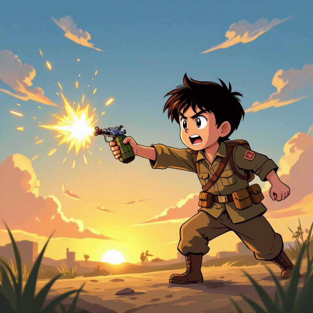 Brave Iranian Boy in Cartoon War Scene at Sunset