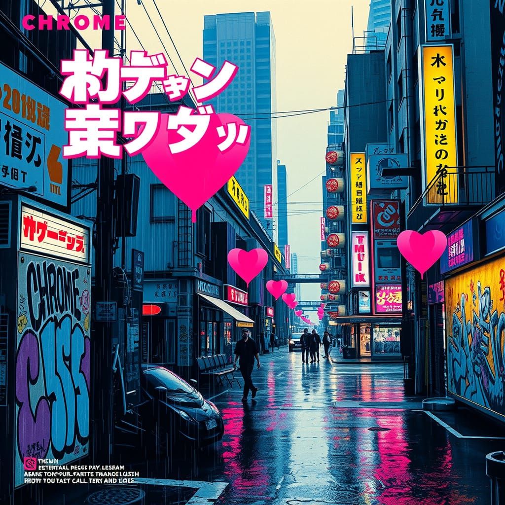 Retrowave Album Cover with Japanese Text and Graffiti
