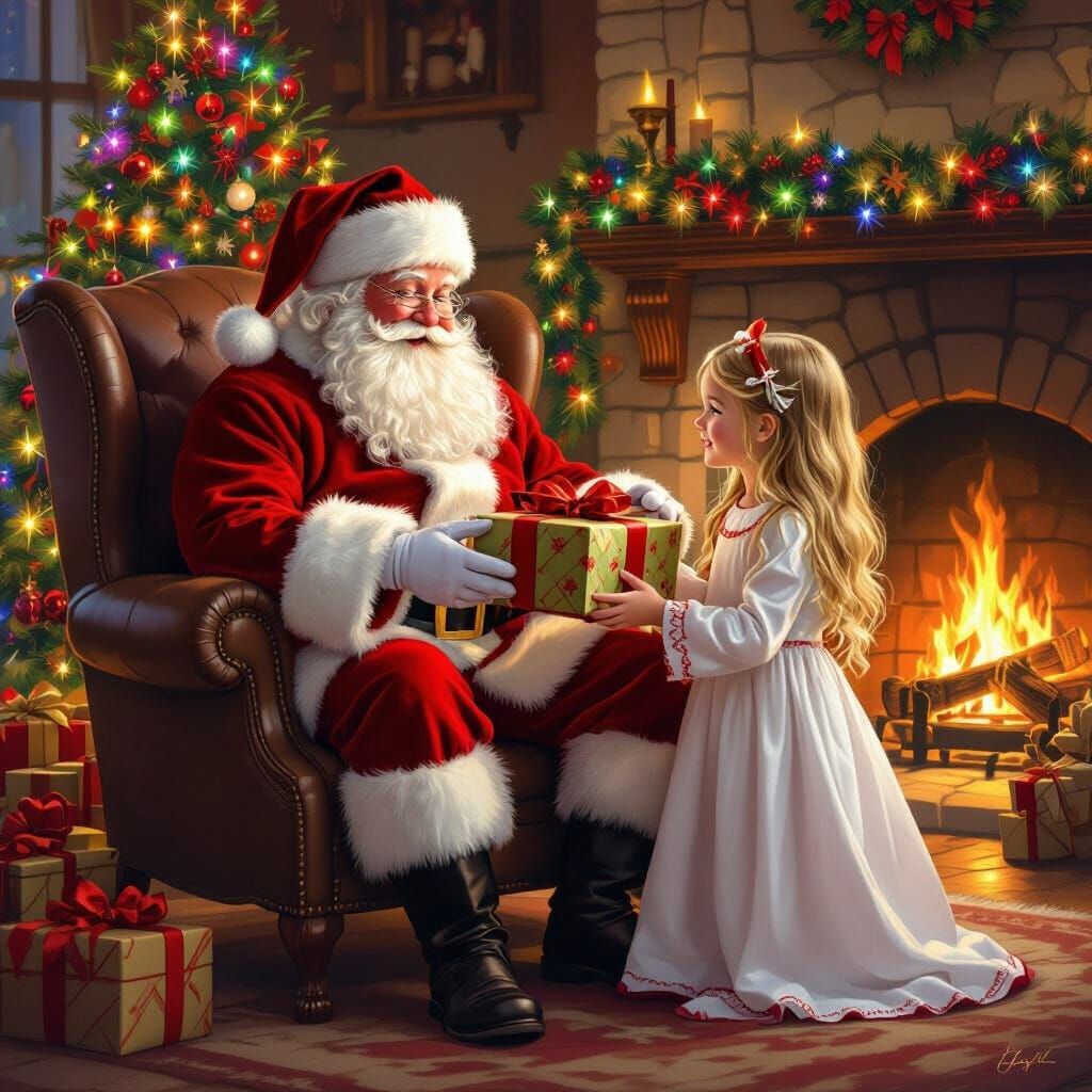 Santa Claus Gives Gift by Cozy Fireplace