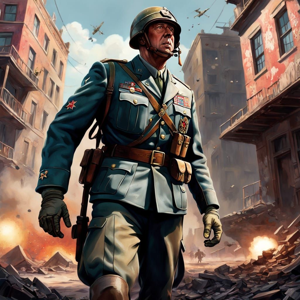 General Patton Throws Grenade in Chaotic WWII Battlefield