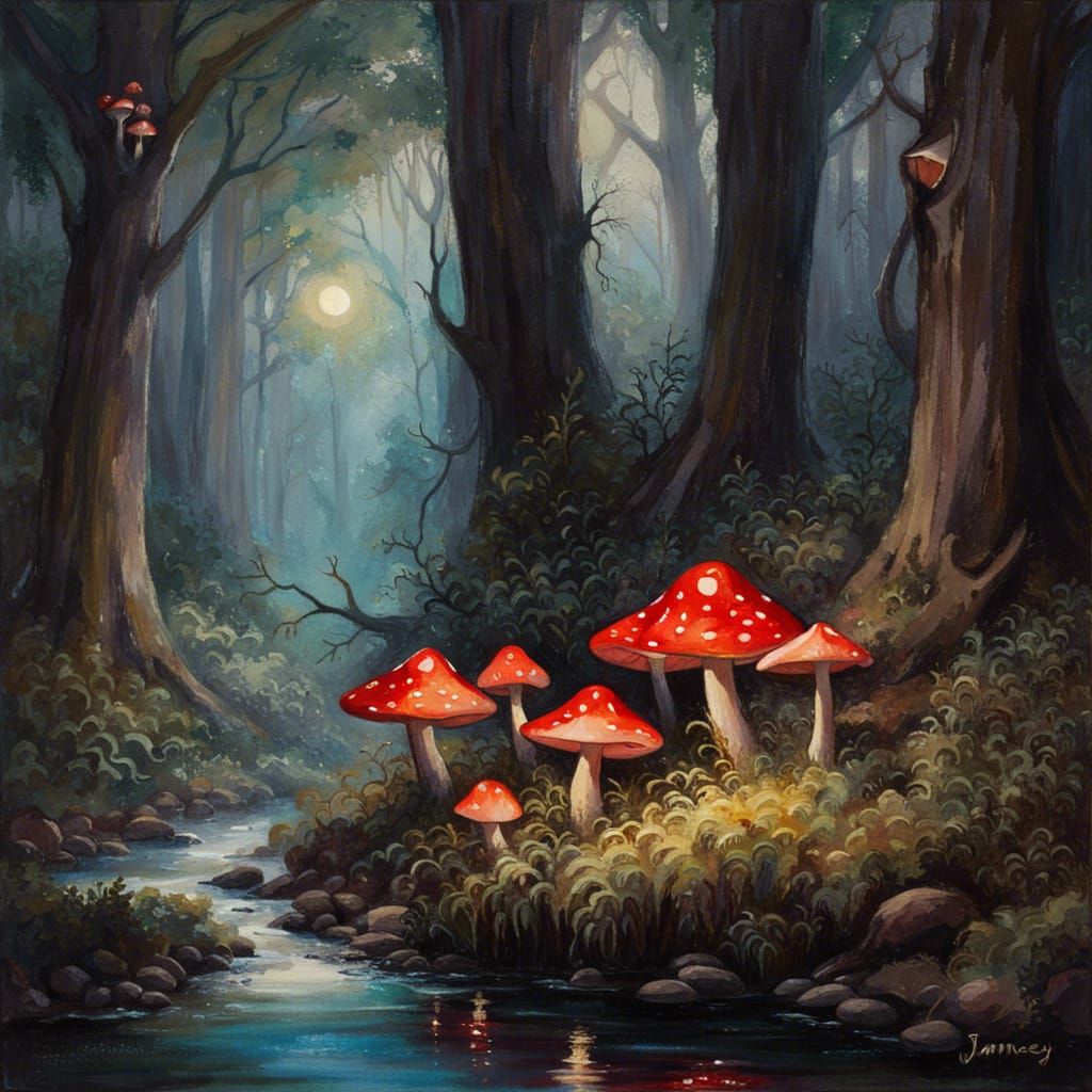 Gothic Dark Fantasy Forest With Fireflies