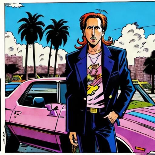 Nicholas Cage in Comic Book Style, 1980s Camaro