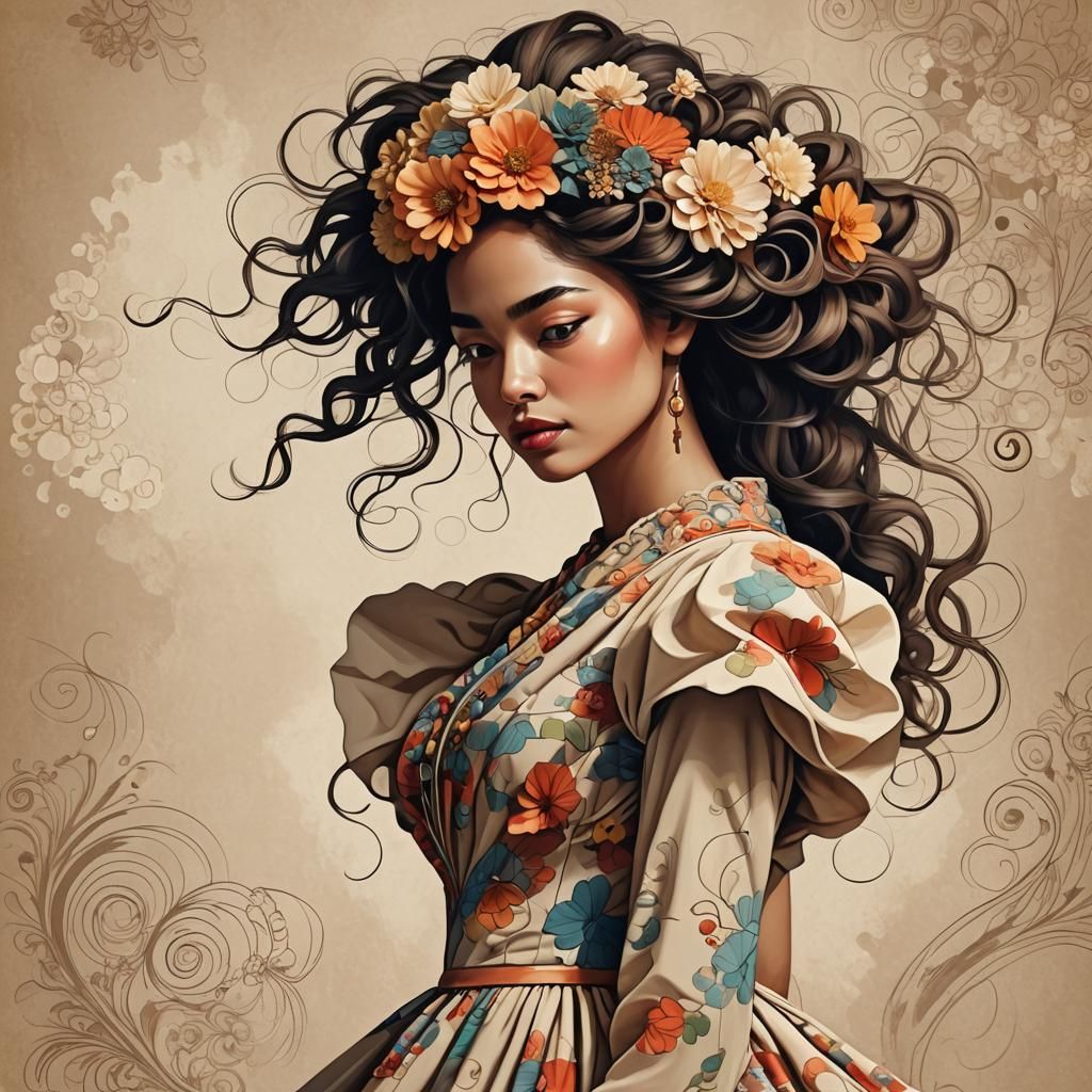 Voluminous Hairstyle in Whimsical Digital Illustration