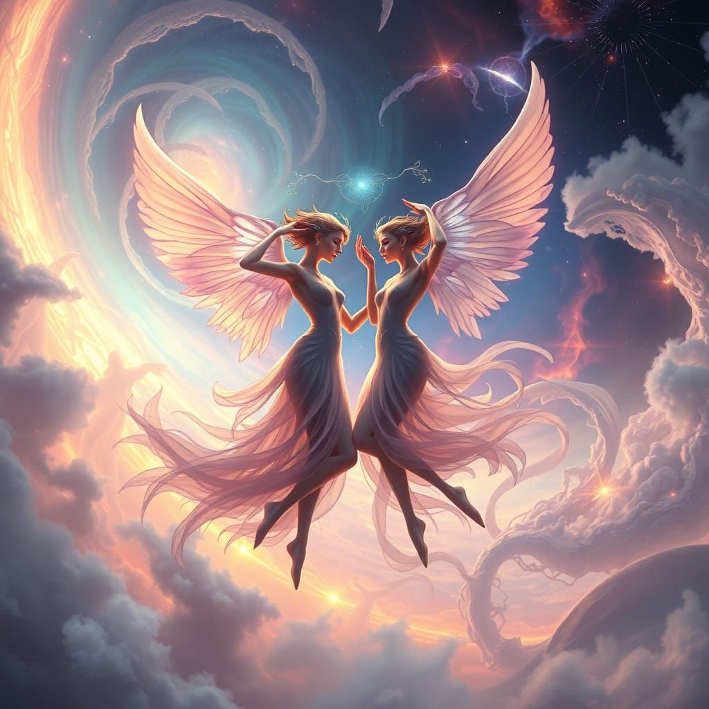Mystical Beings Dance Amidst Iridescent Vortex in Cosmic Lan...