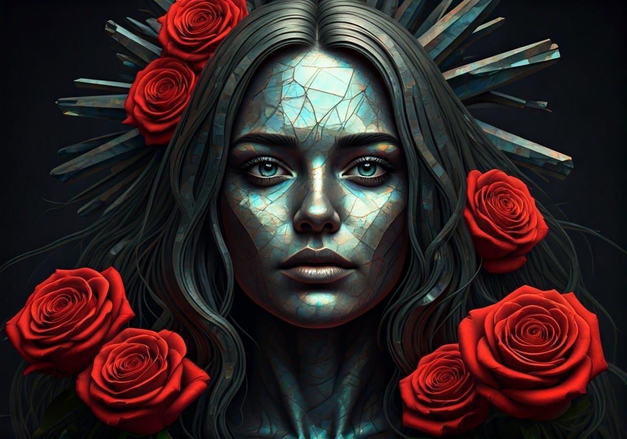 Woman with Iridescent Labradorite Hair and Scarlet Roses in ...