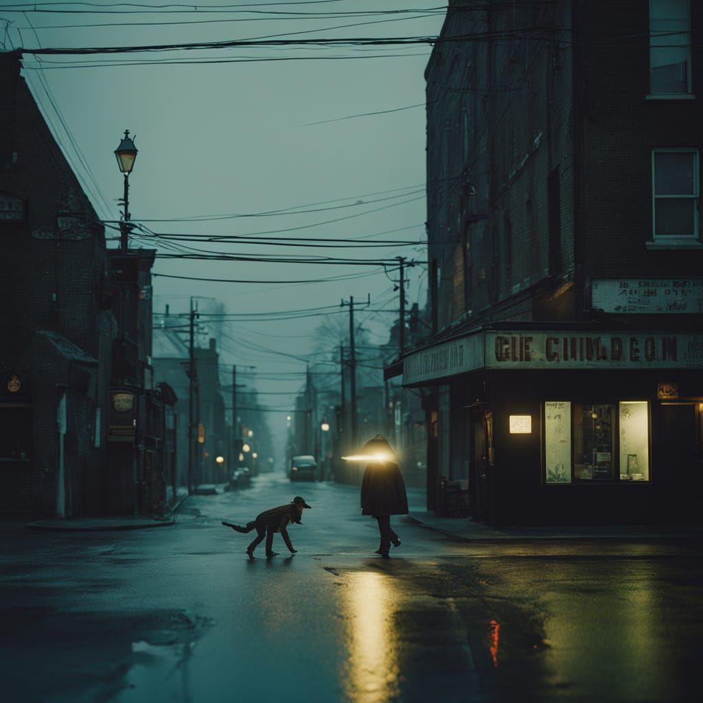 Lone Figure on Gritty, Rain-Slicked Street in Noir Style