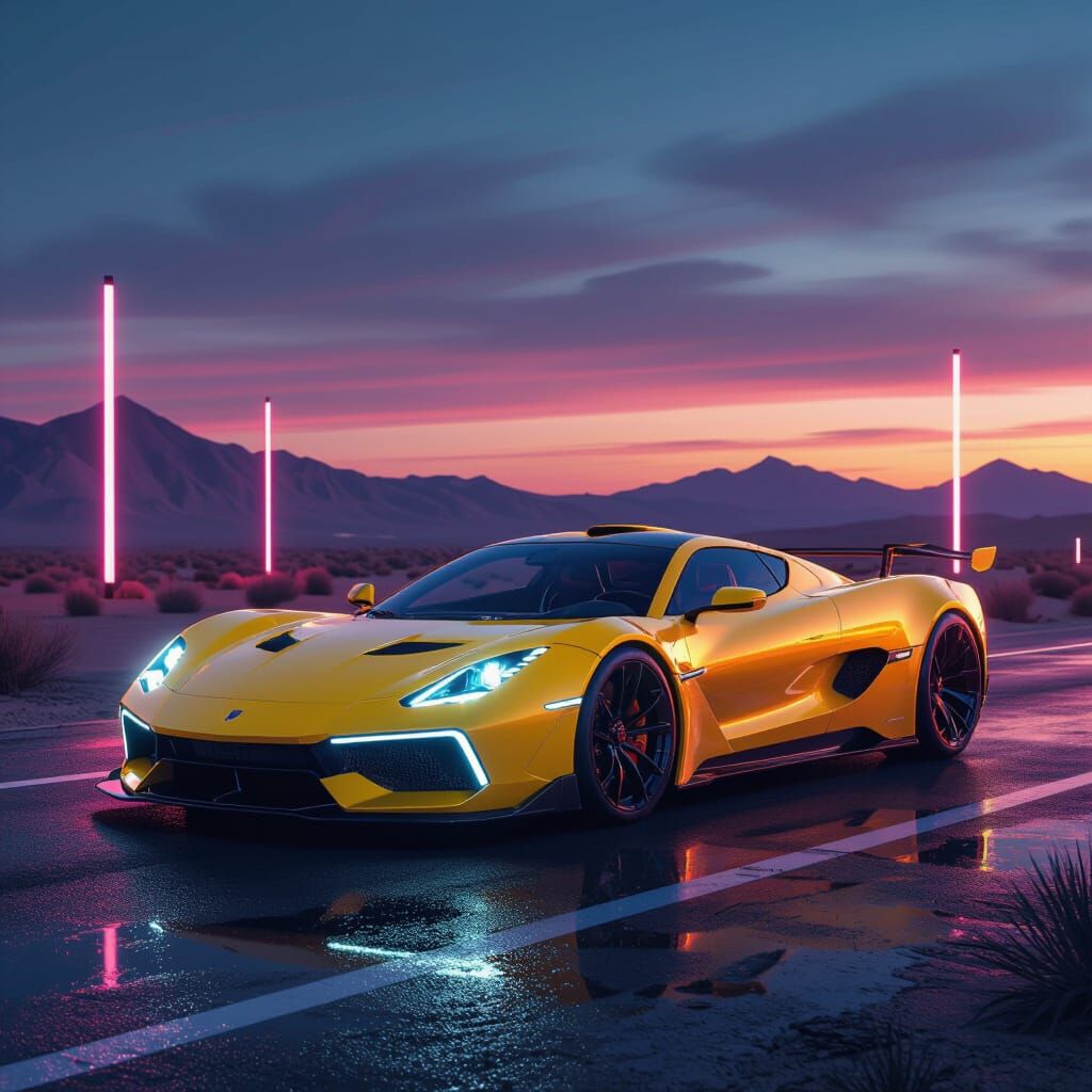 Futuristic Yellow Hypercar on Neon Desert Road