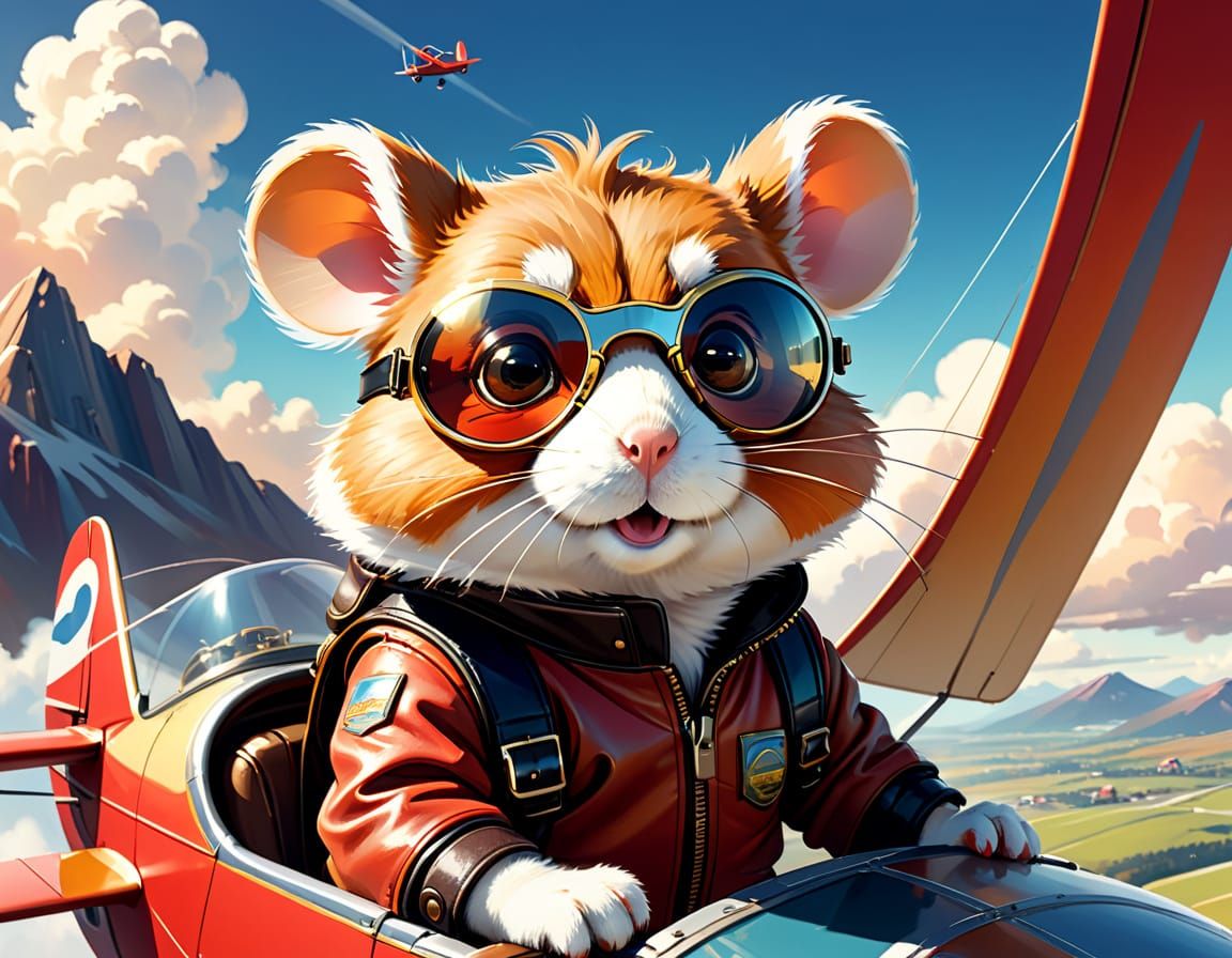 Hamster Pilot in Red Biplane: Syd Mead Style