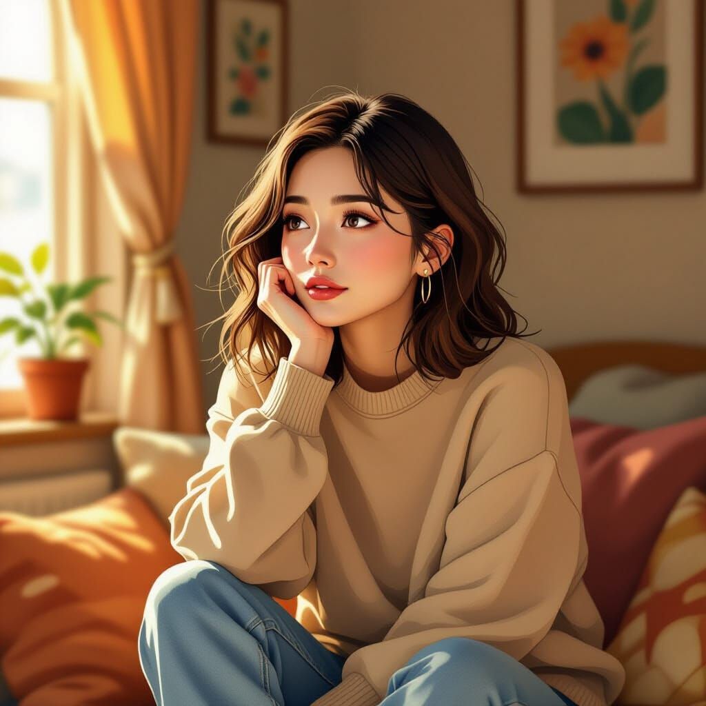 Thoughtful Woman in Cozy Room: Digital Illustration