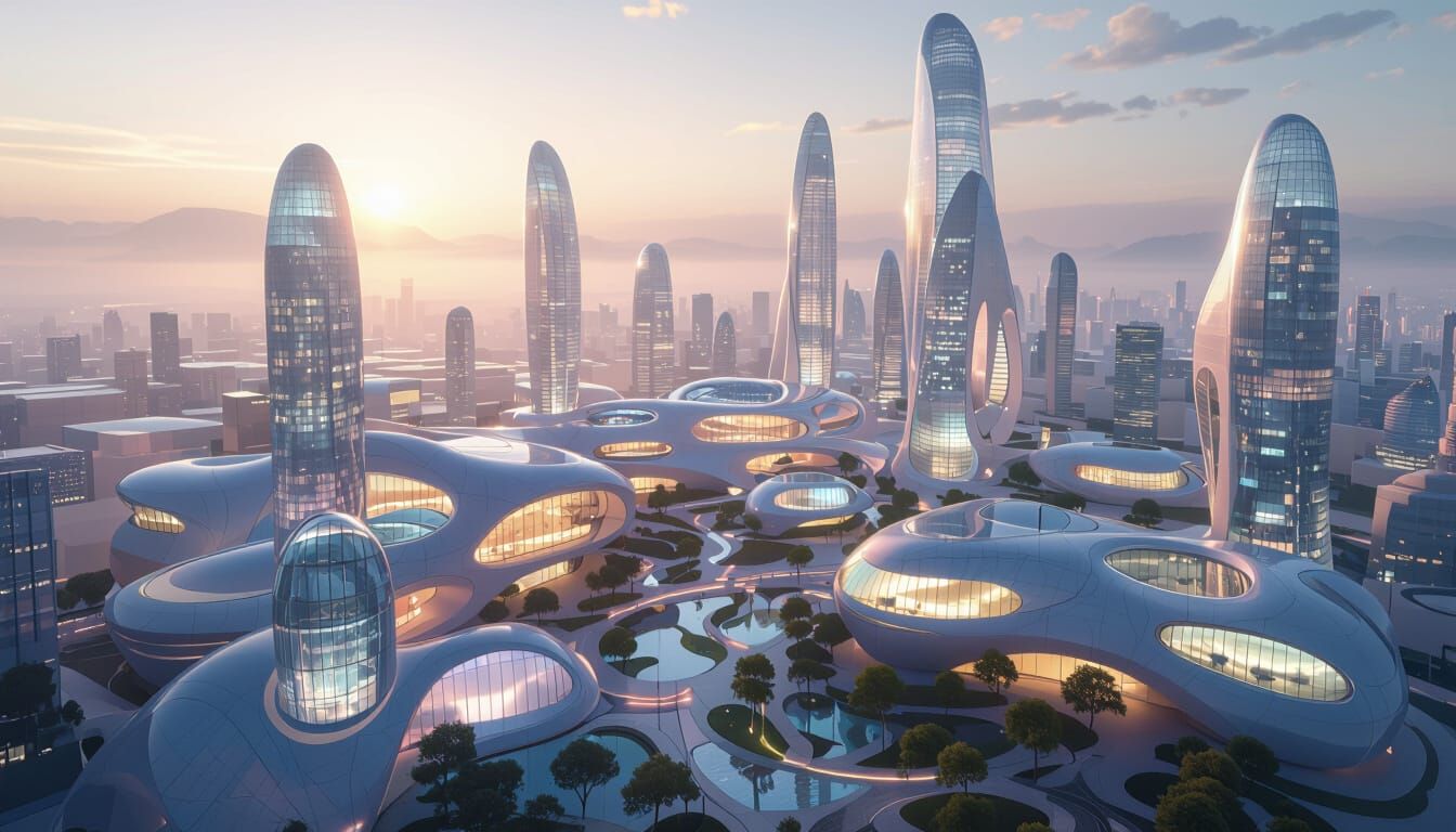 Aerial Panorama of a Futuristic Metropolis with Organic Arch...