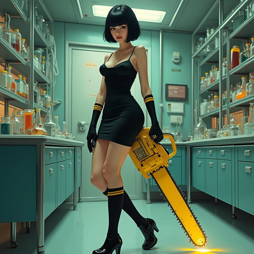 Woman Wields Chainsaw in Futuristic Medical Lab