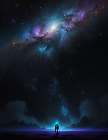 Astronaut Drifting Through Vibrant Nebula in Digital Matte P...