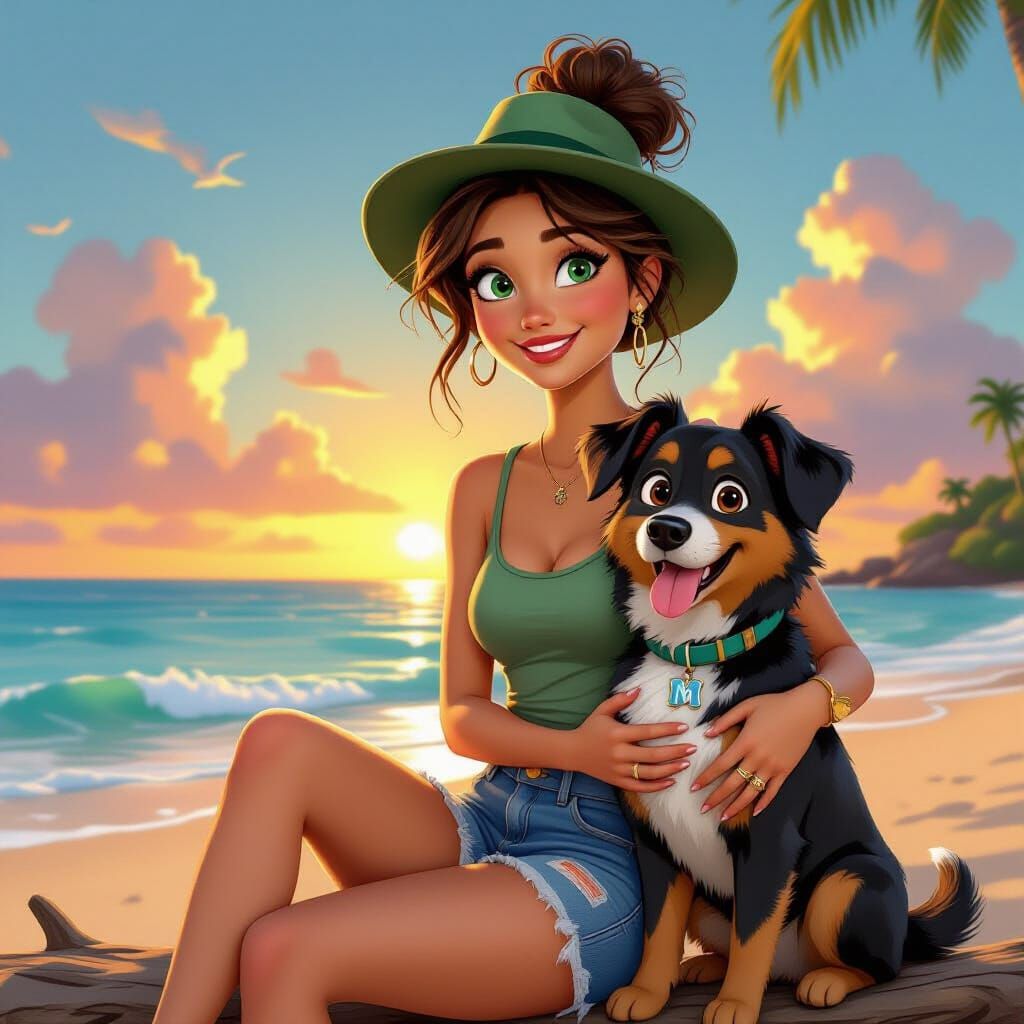 Woman and Dog on Tropical Beach, Pixar Style