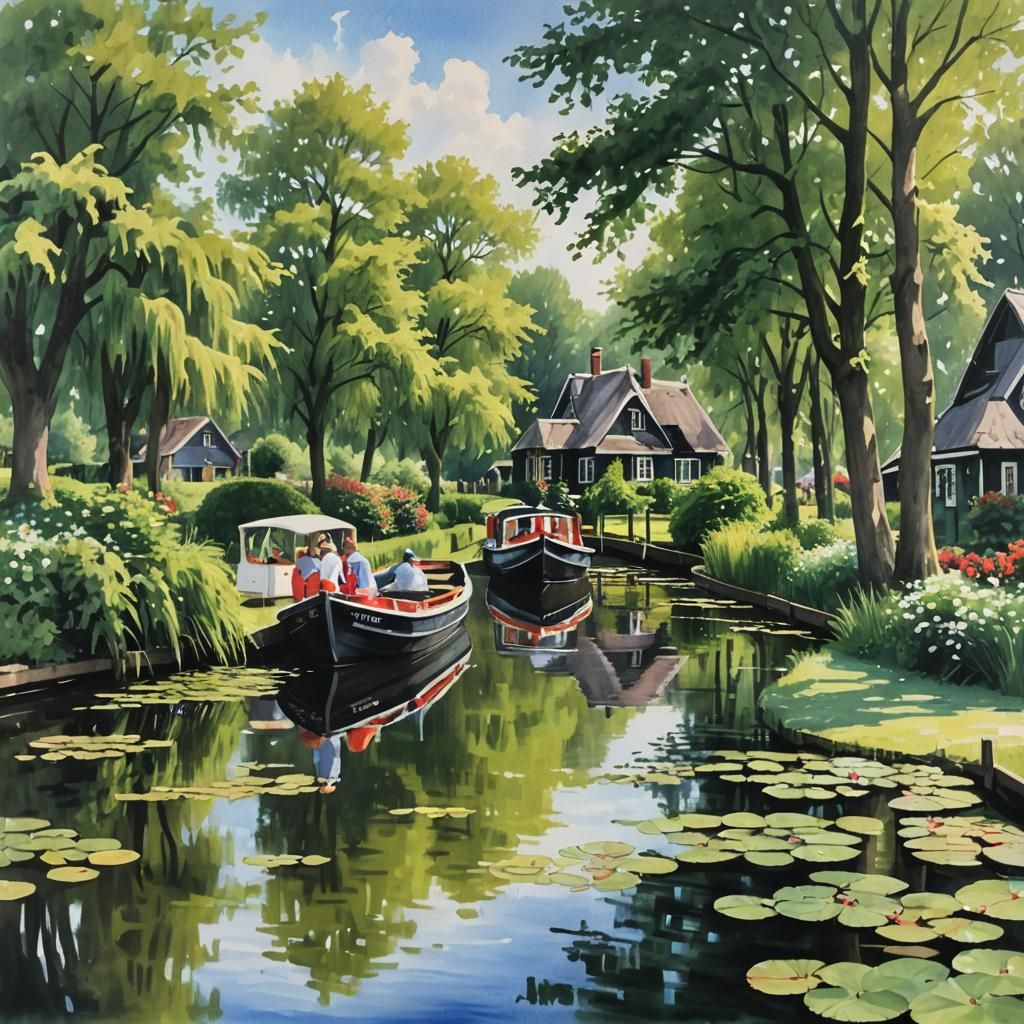 Giethoorn Boat Trip in Summer Gouache Technique