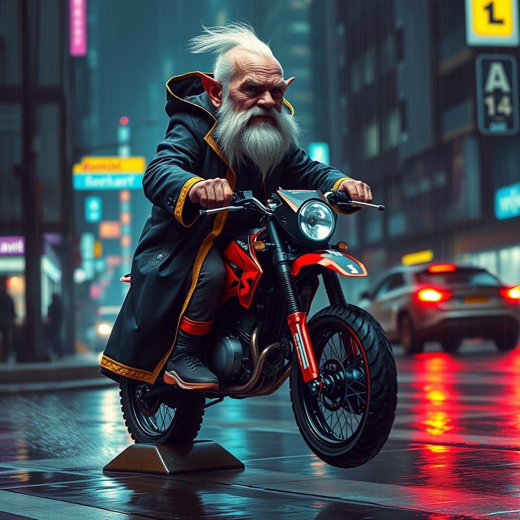 Cyberpunk Troll Grandpa on Motocross Bike