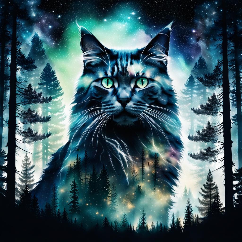 Mystical Forest Cat Double Exposure Art