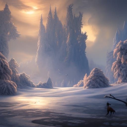 Winter Landscape with Wolf: Matte Painting
