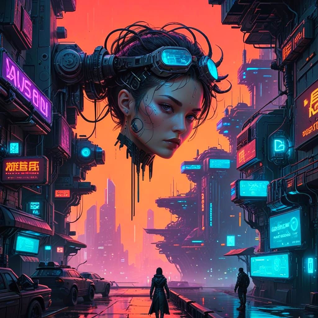 Mystical Cyberpunk Goddess Floats Amidst Neon Dreamscape