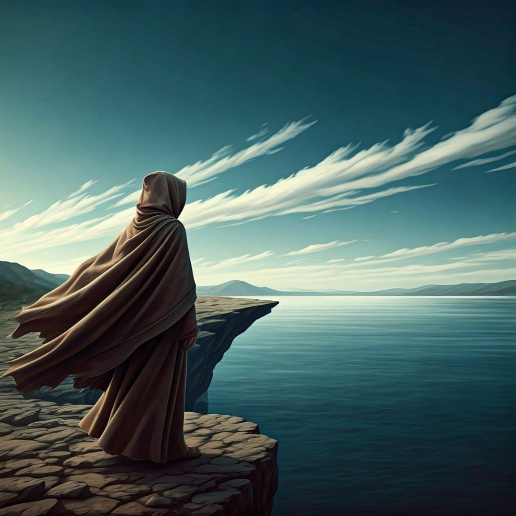 Mystical Figure Gazing at Tranquil Lake