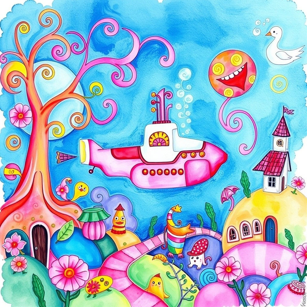 Pink Submarine in Gouache Candyland Wonderland