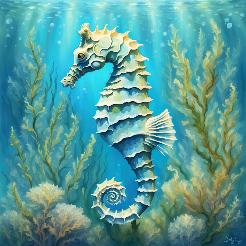 Pale Blue Seahorse in Impressionistic Underwater Scene