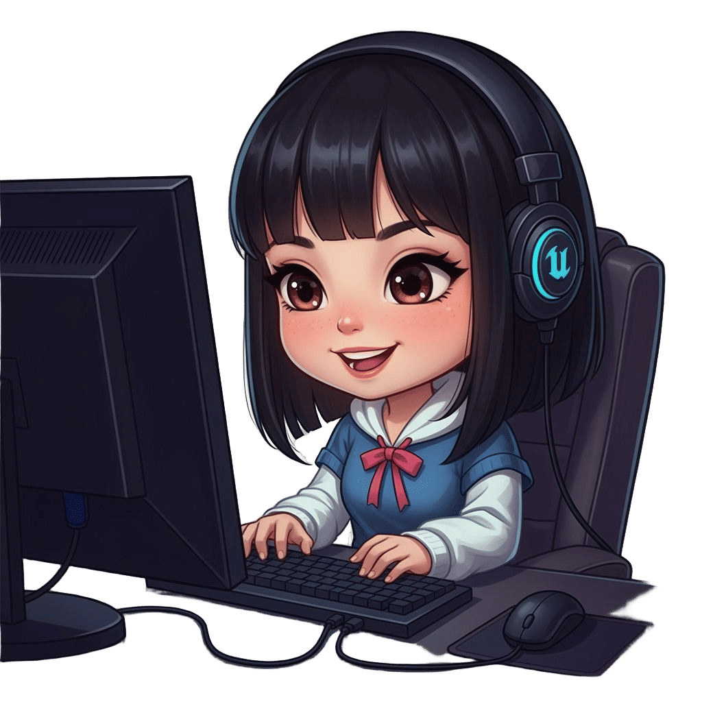 Happy Chibi Gamer Girl Playing Computer Game
