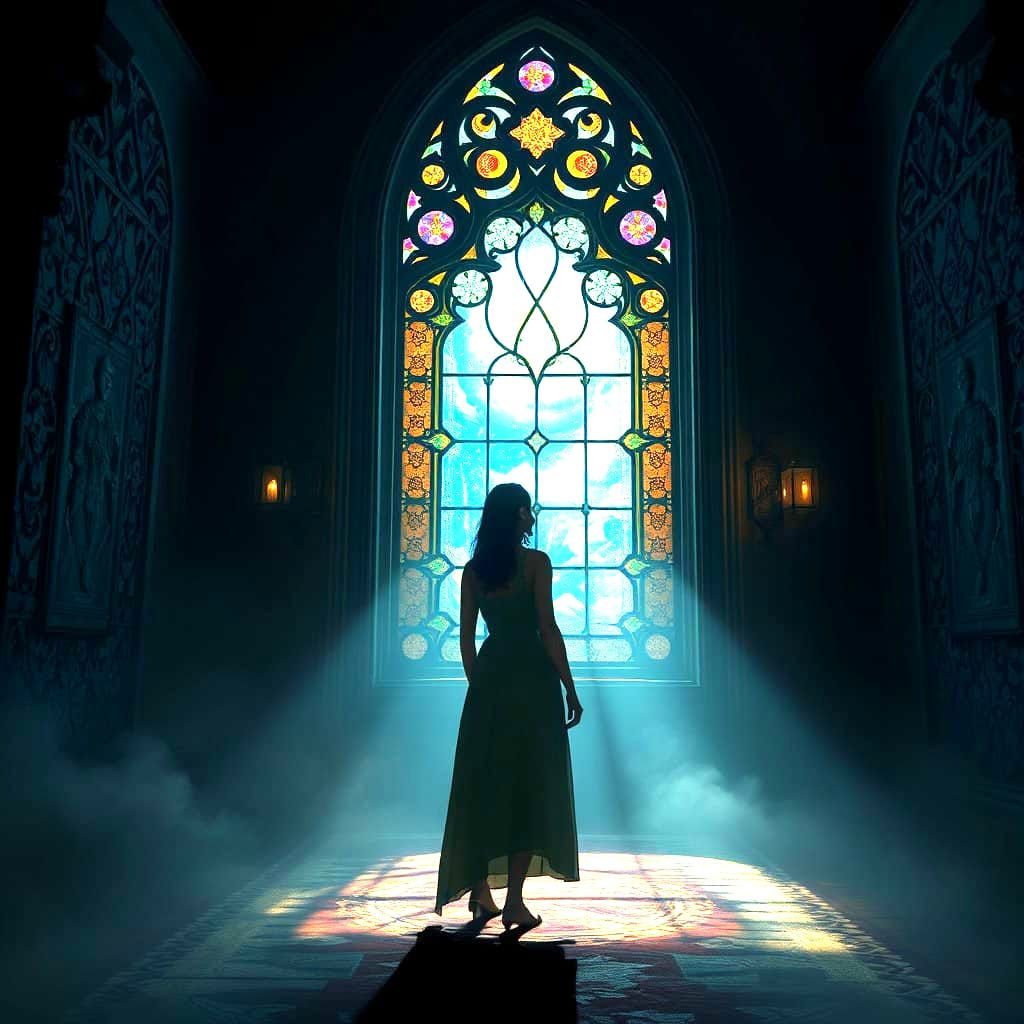 Ethereal Woman Contemplating Moonlit Night in a Darkened Cha...