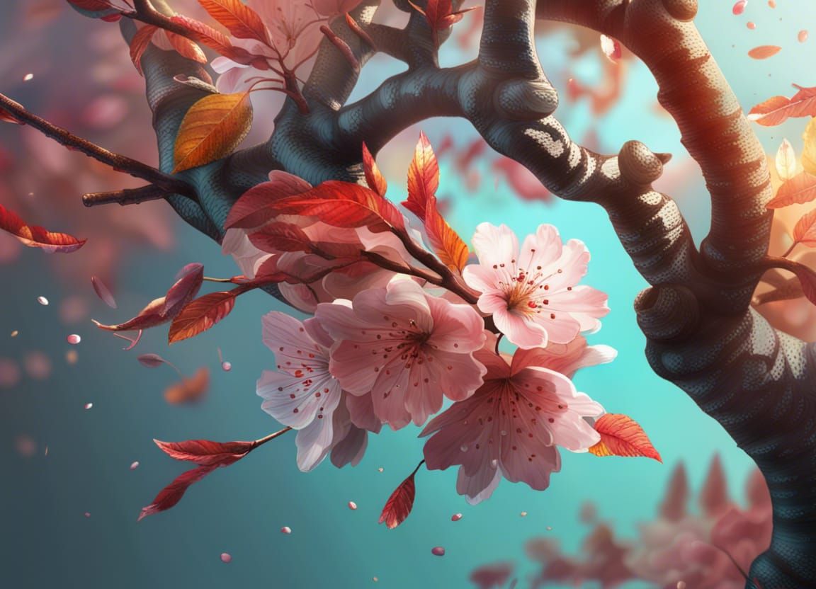 Hyperrealistic Tree Half Autumn, Half Cherry Blossom