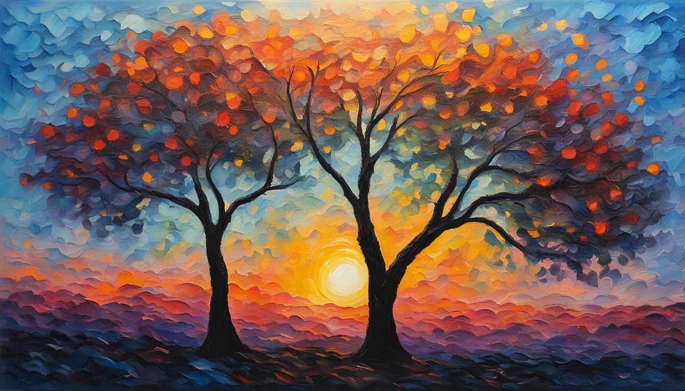 Sunrise Silhouettes: An Expressionist Oil Painting