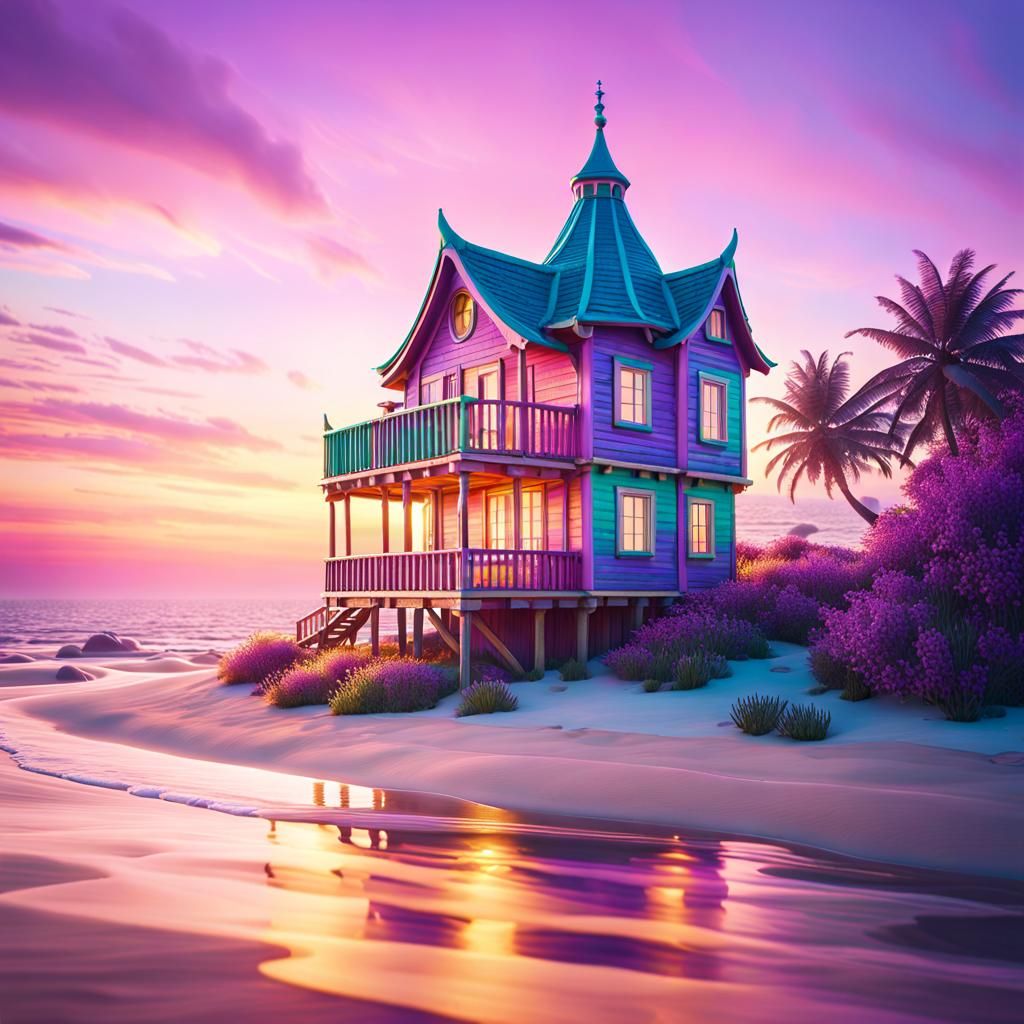 Dreamlike Seaside Villa with Purple Optical Aberration
