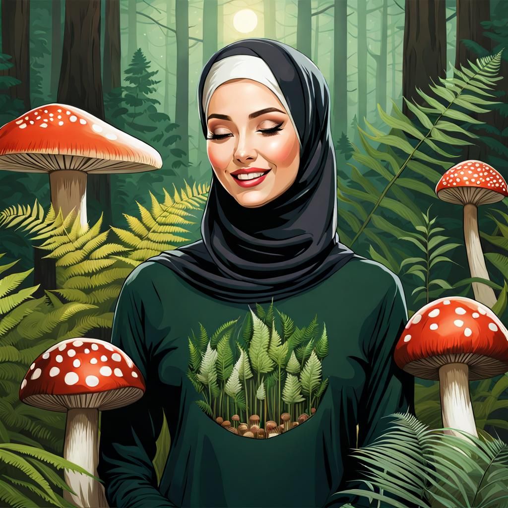 Beautiful Hijabi Woman Smiling in Mystic Forest